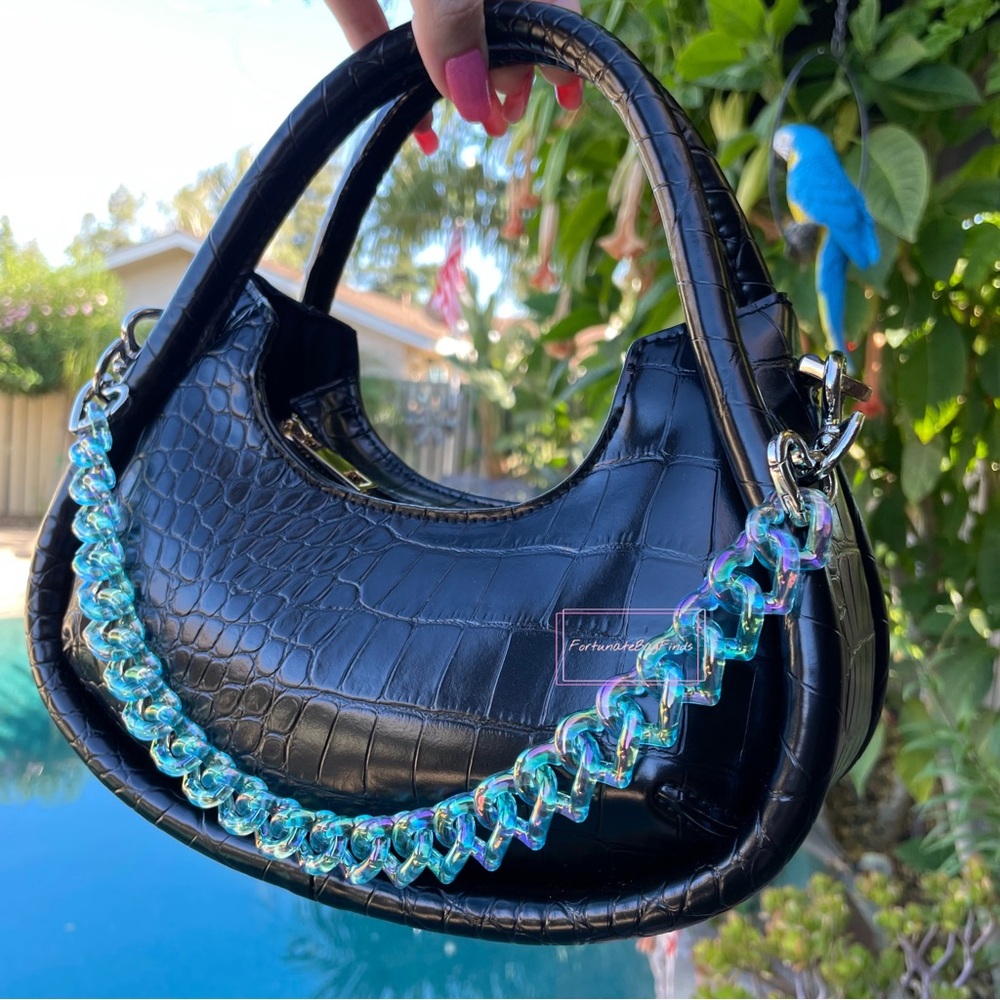 Triple Hearts Resin Bag Chain Strap Aqua Blue Rainbow Iridescent Strap